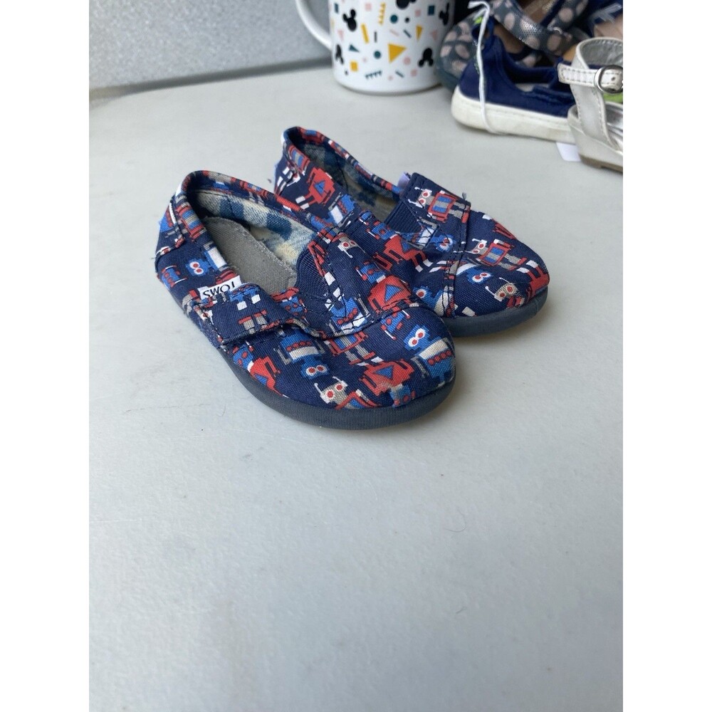 TOMS Tiny 5T Toddler Shoes Navy Blue Robot Print Canvas Alpargata Slip Ons
